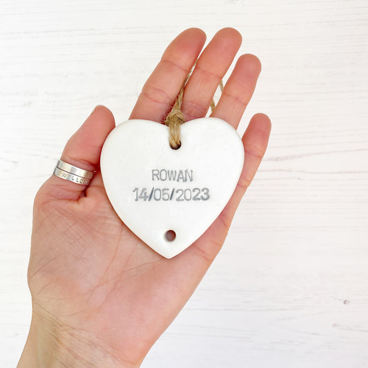 Small pearlised white polymer clay heart personalised with a name and date of birth, grandchild keepsake add on heart