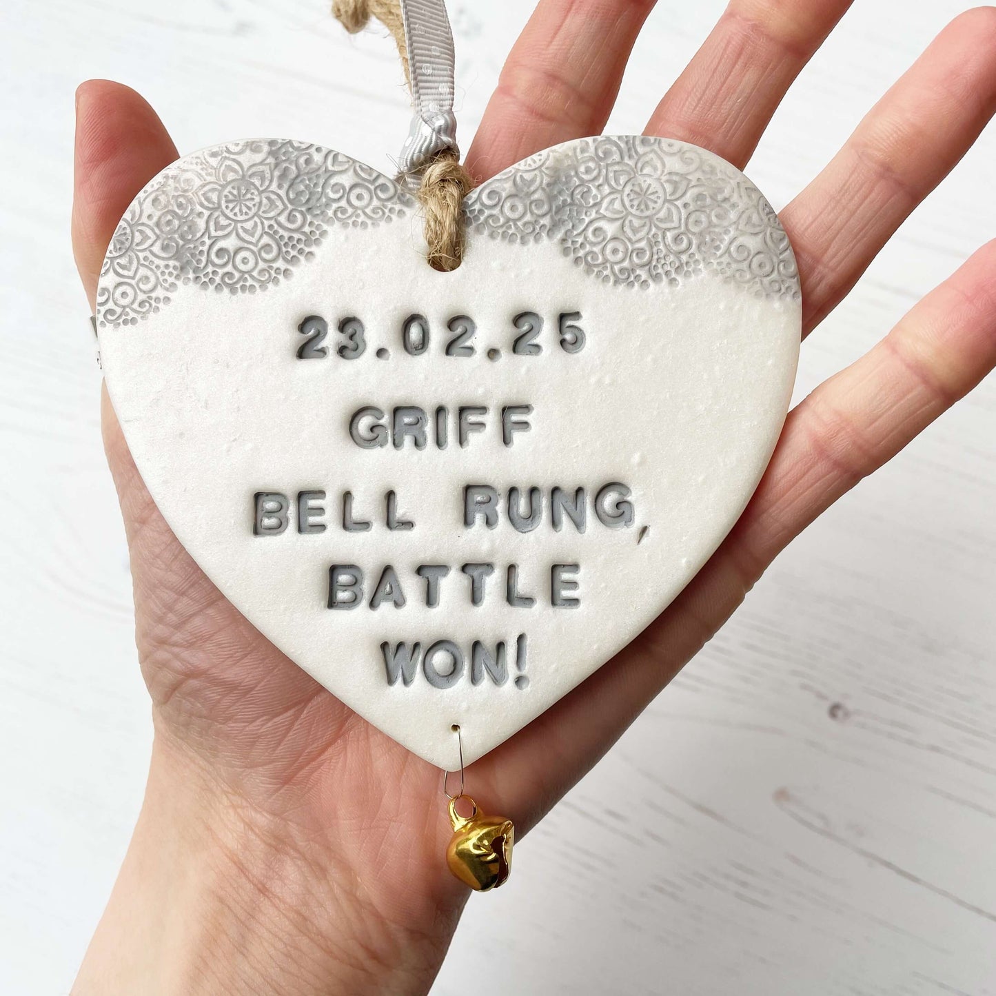Personalised bell rung battle won cancer survivor gift