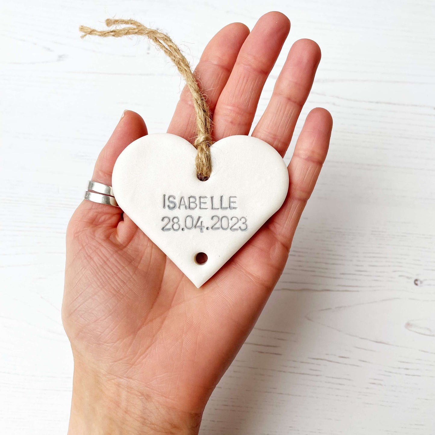 Small pearlised white polymer clay heart family tree add on personalised with a name and date of birth