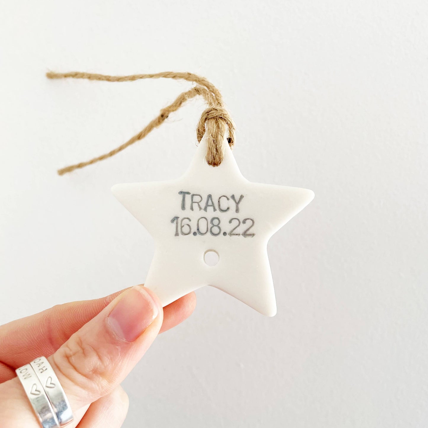 Small pearlised white polymer clay star family tree add on personalised with a name and date of birth