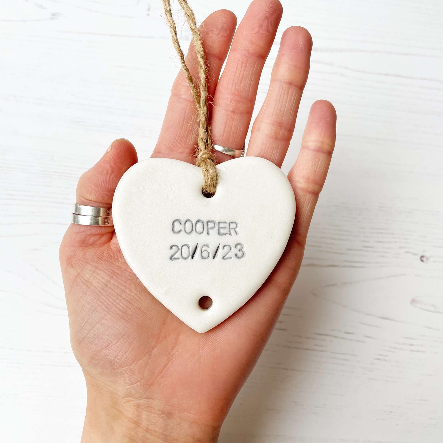 Small pearlised white polymer clay heart personalised with a name and date of birth, grandchild keepsake add on heart