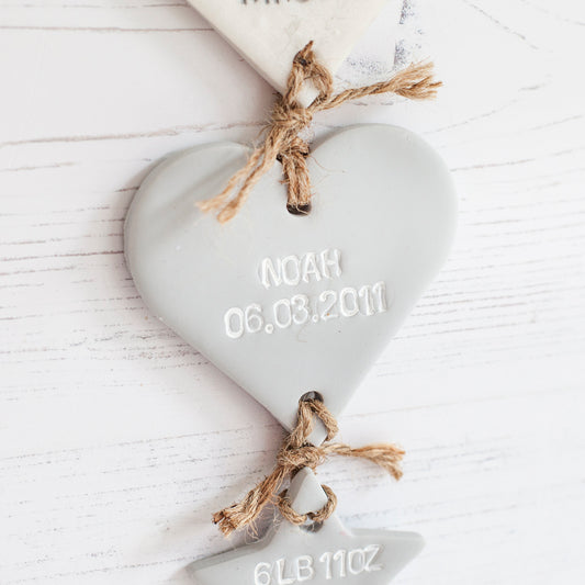 Small grey polymer clay heart family tree add on personalised with a name and date of birth