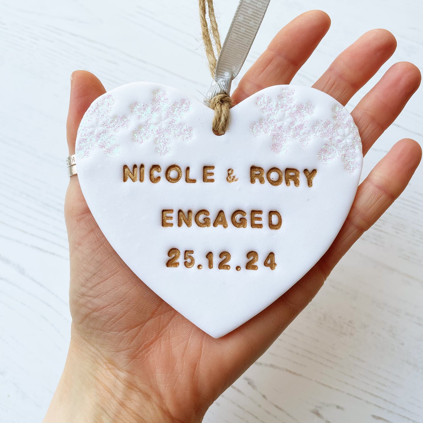 Personalised 1st Christmas engaged heart bauble ornament